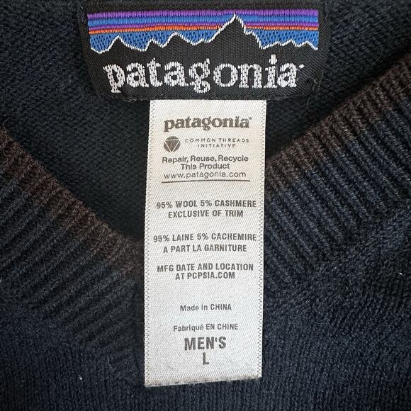 Patagonia Wool Cashmere Blend Pullover V-Neck Sweater Mens Large Striped Sleeve - Picture 4 of 6